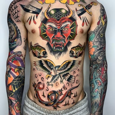 Vibrantly colored tattoo artwork on a man's torso featuring a devil face, fish, eagle, and snake.