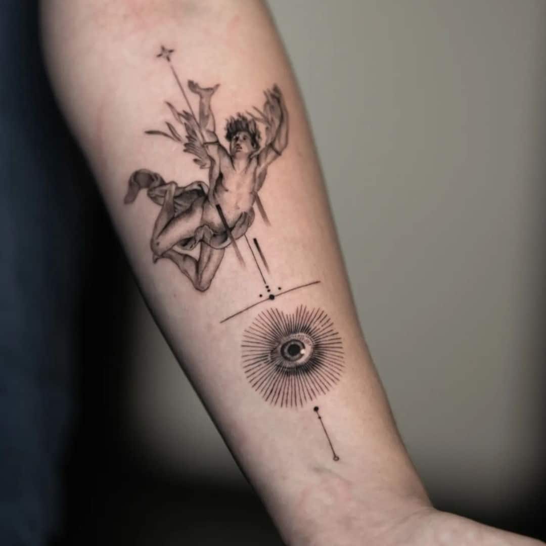 Tattoo design featuring an angelic figure and sun symbol