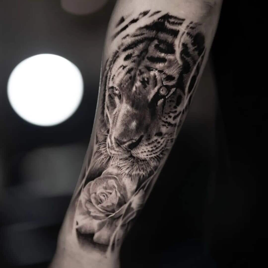 Black and grey tattoo of a tiger and rose on arm